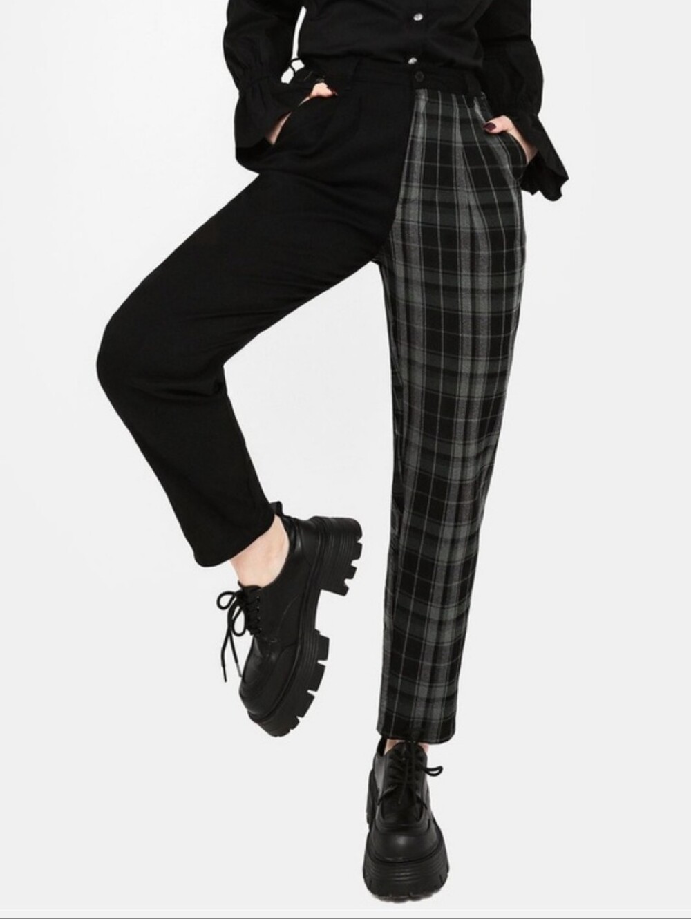 Disturbia Checkmate Pants Two Tone Black & Green Plaid Cropped Trousers